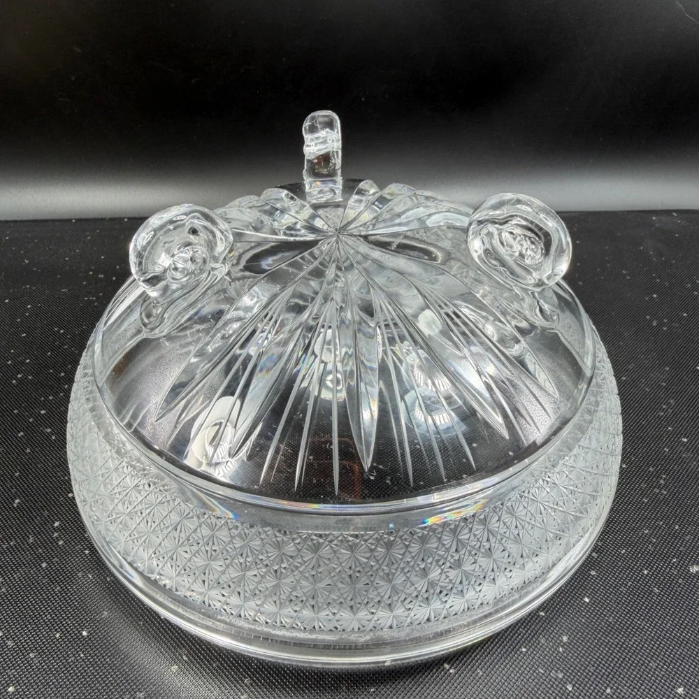 Signed Heavy Clear Crystal‎ Footed Bowl Etched Starburst Pattern Vintage Decor